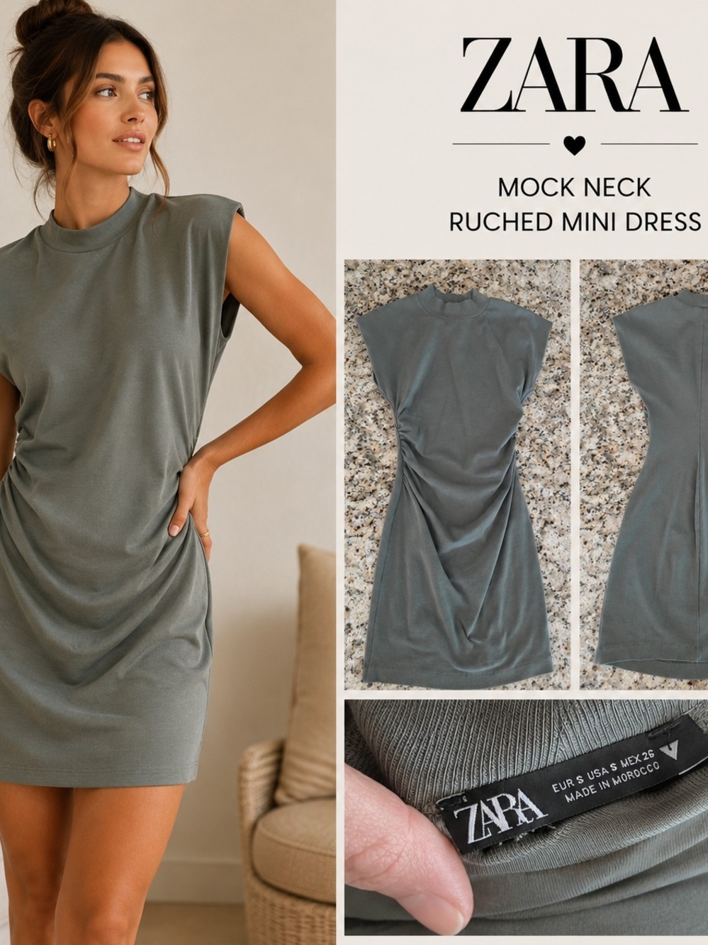 ZARA Olive Mock Neck Ruched Mini Dress Size S